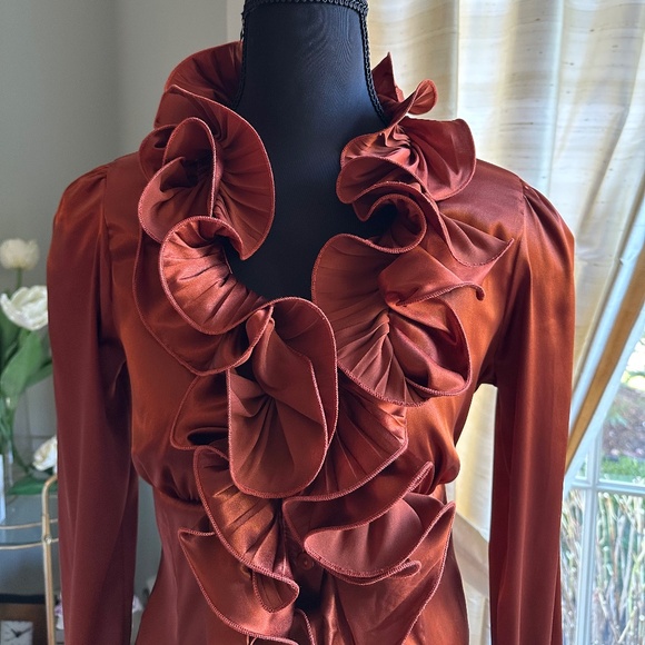 Rinascimento Satin Ruffled Front Button Down Blouse in Burnt Orange NWT - Picture 2 of 6